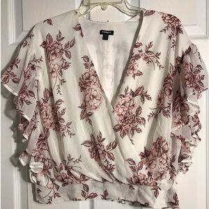 Express Floral Wrap Top - White and Pink M